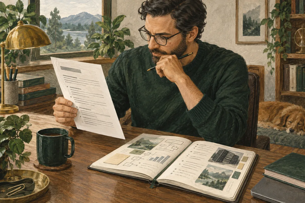 A candidate checking a resume claim against a notebook and supporting records