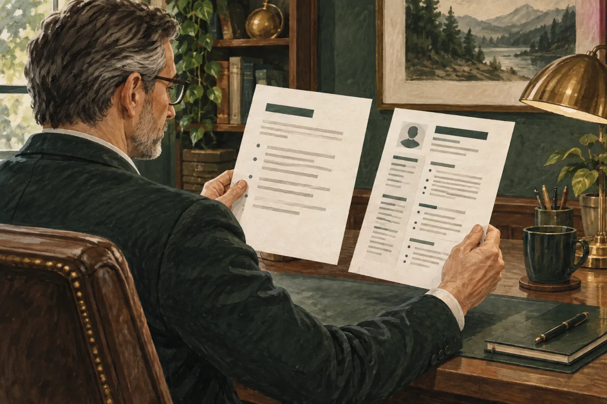 An executive comparing a role brief with a revised resume