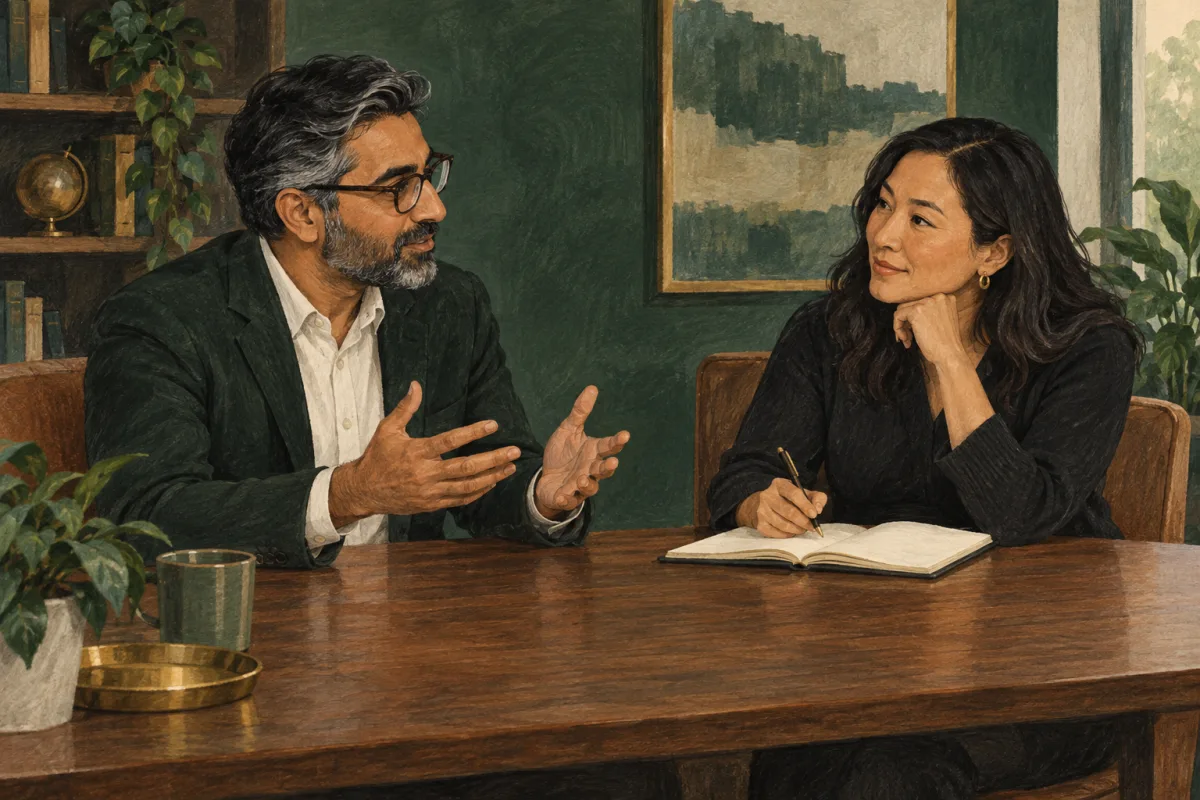 An executive rehearsing an evidence-based interview conversation with a colleague