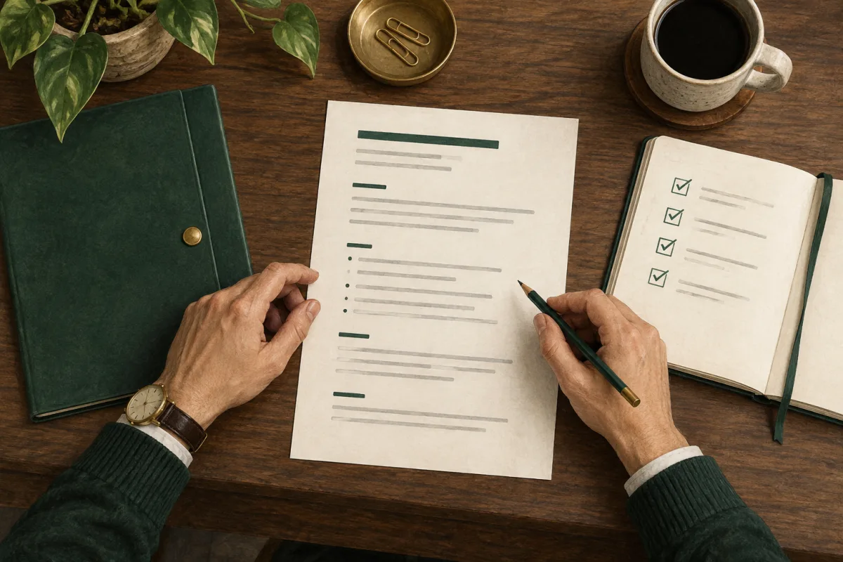 A finished plain resume draft beside a checked application notebook