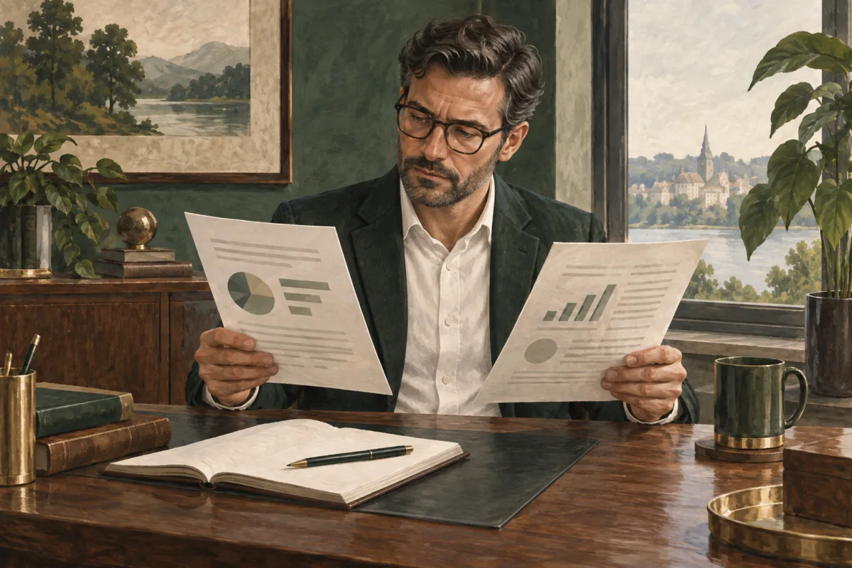 An executive comparing salary and variable-pay documents