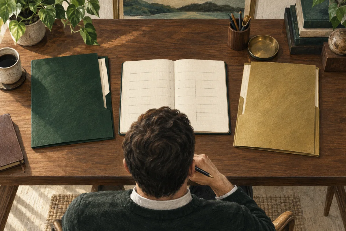 Two offer folders beside a notebook for comparing terms