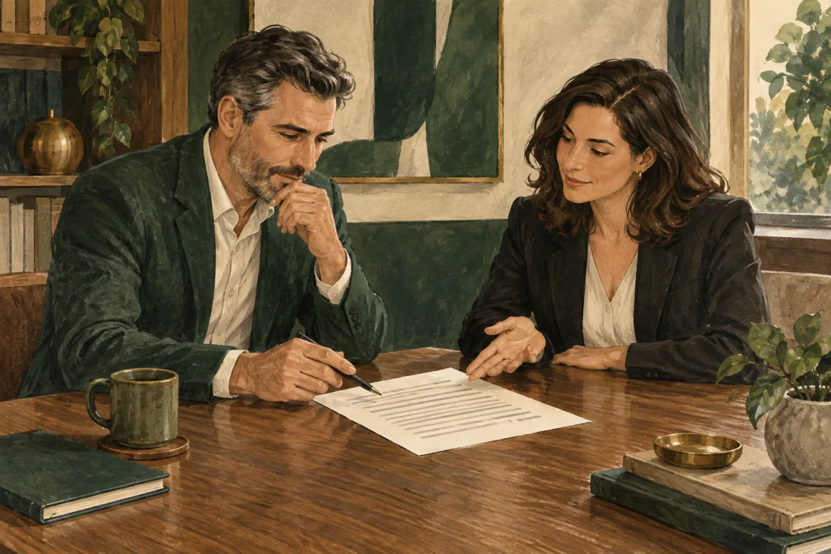 A candidate and recruiter reviewing a written offer together