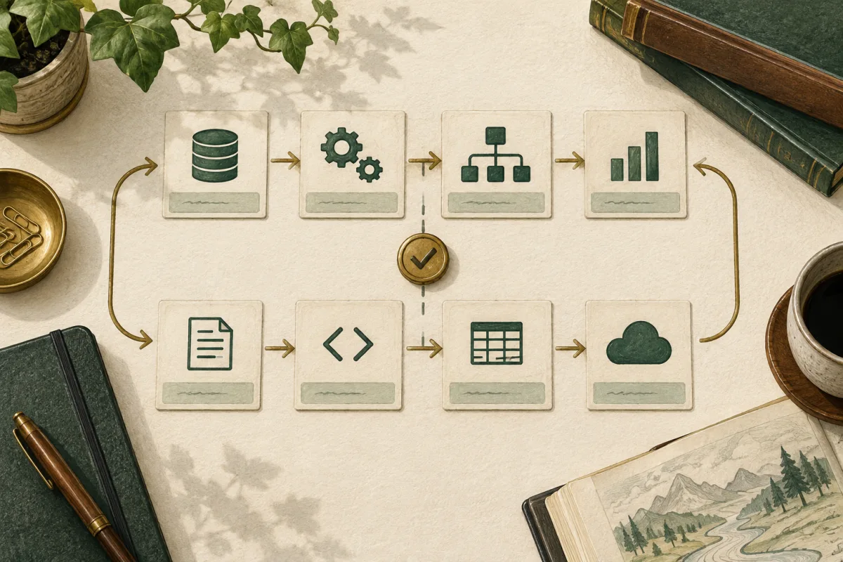A data workflow with replay arrows and a review checkpoint