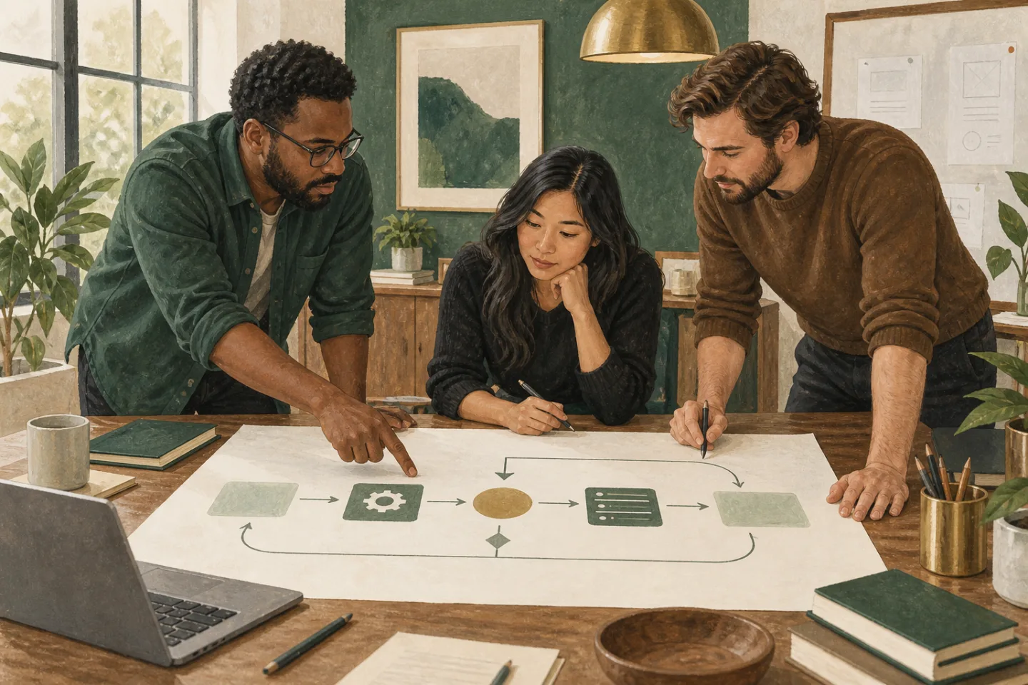 Engineers and a founder reviewing a software release process