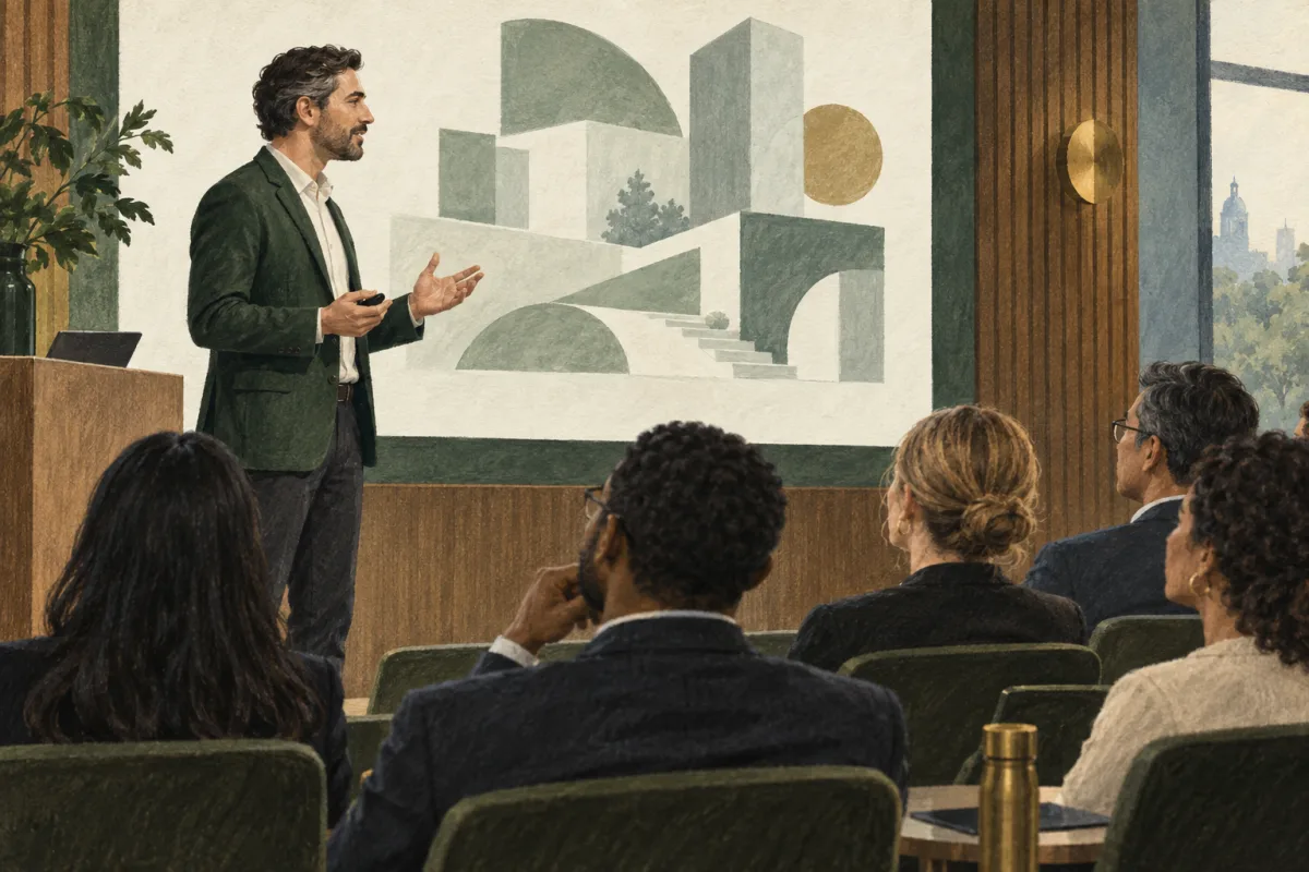 A technology speaker presenting to a small industry audience
