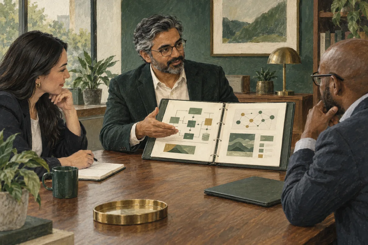 A candidate showing technical work to an interview panel