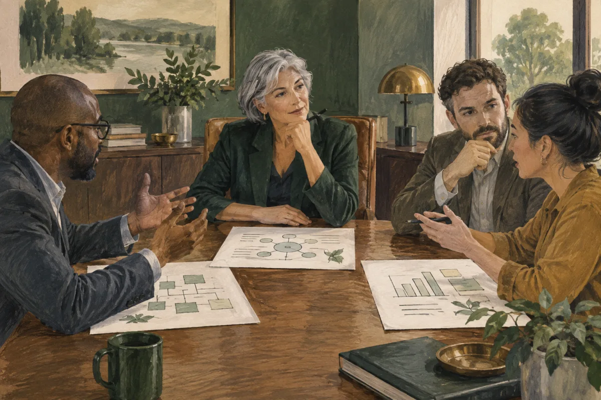 An executive reviewing cross-functional priorities with managers