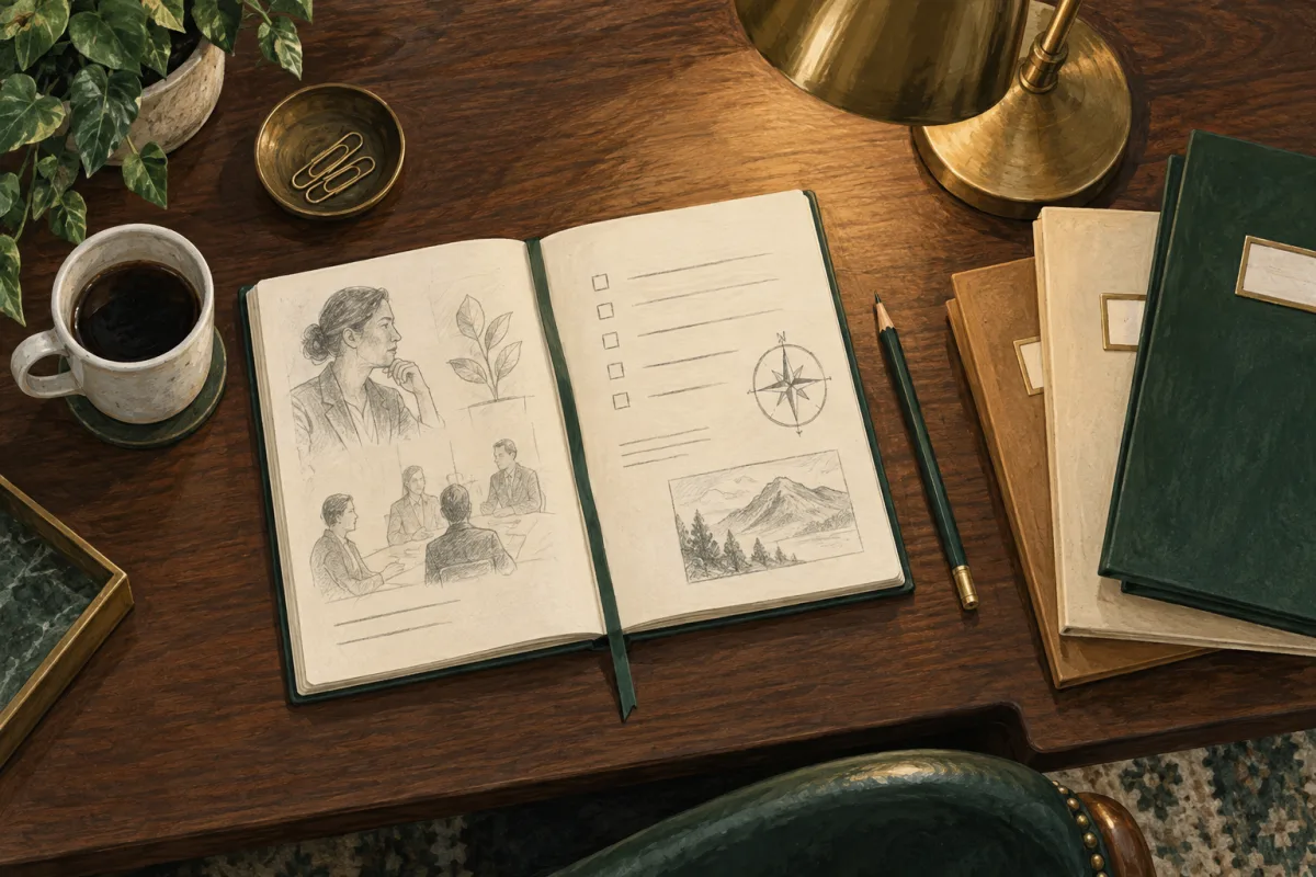 An open decision notebook beside folders and a desk lamp