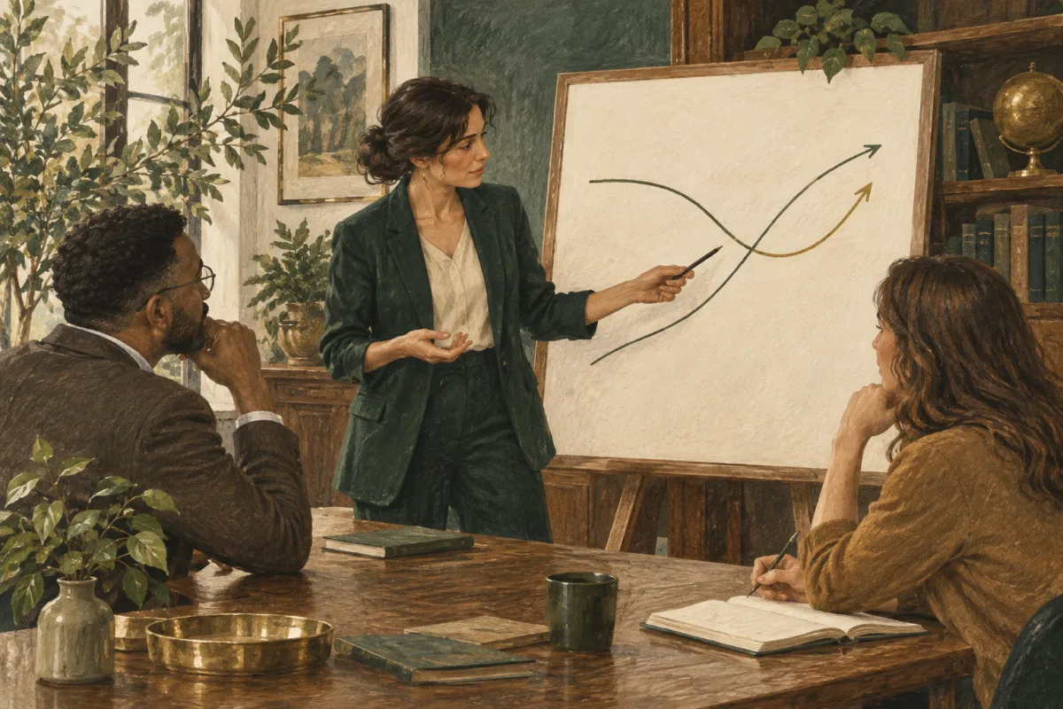 Colleagues discussing a cross-functional launch dependency
