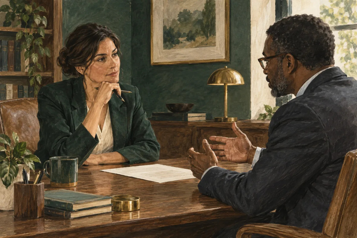 A principal interviewing a chief of staff candidate over a decision brief