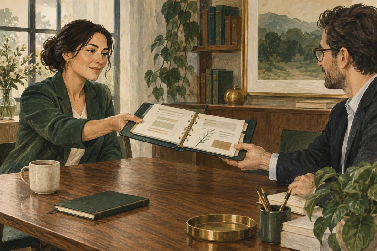 An outgoing chief of staff handing a planning notebook to an internal owner