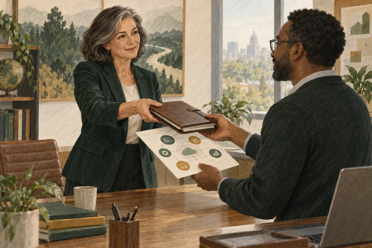 Fractional CIO handing a portfolio notebook and service map to an internal manager