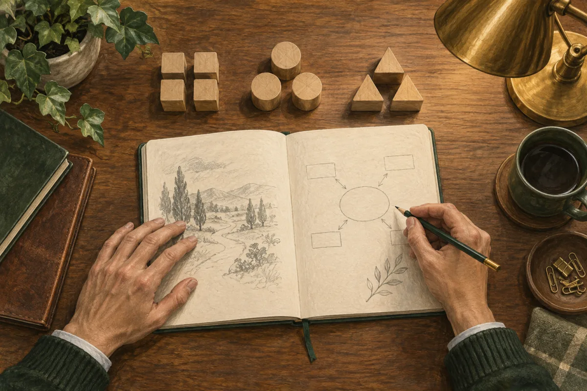 A capacity planning notebook beside abstract wooden blocks