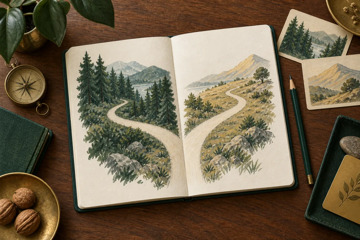 An open notebook illustrating two alternative paths through a landscape