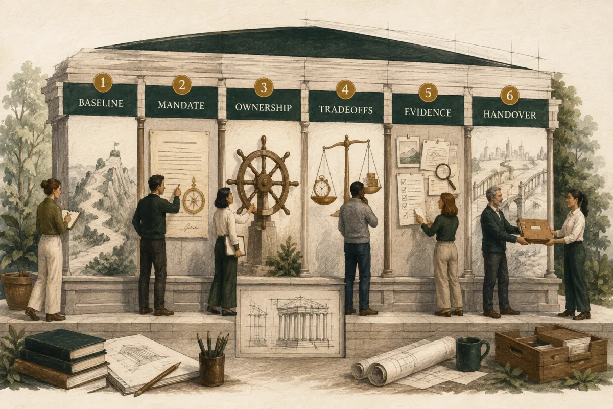 Six pillars represent baseline, mandate, ownership, tradeoffs, evidence, and handover.