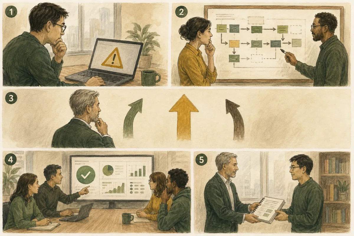 Five software delivery recovery scenes show a warning, diagnosis, decision, stable release, and playbook handover.