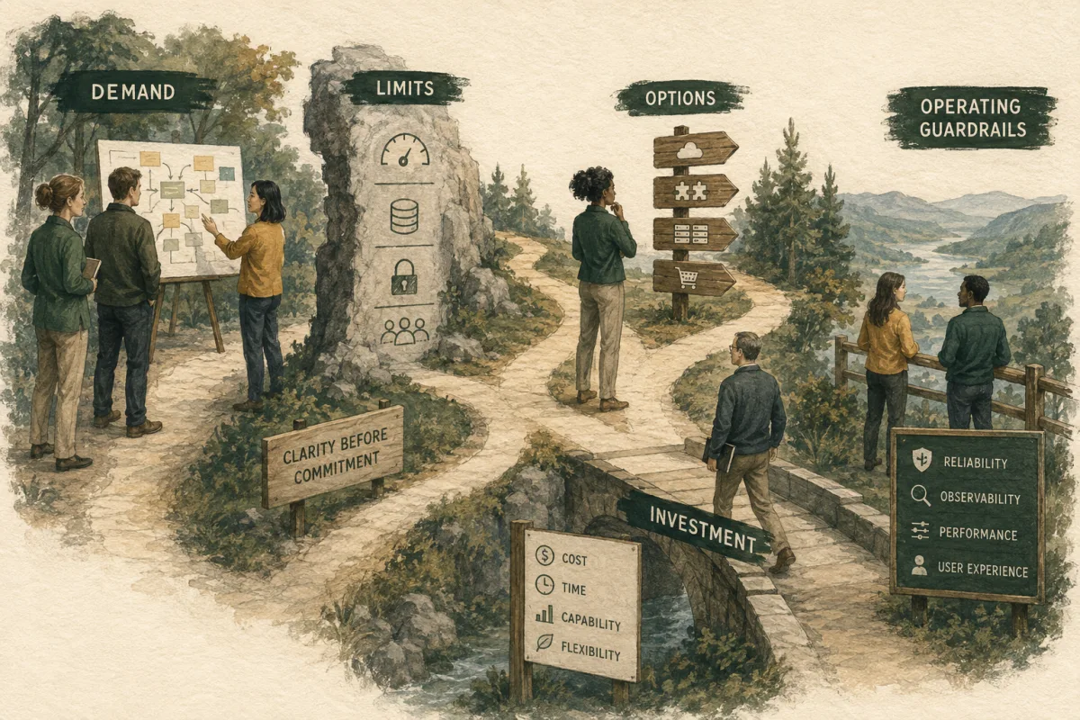 A team weighs demand, platform limits, options, investment, and operating guardrails.