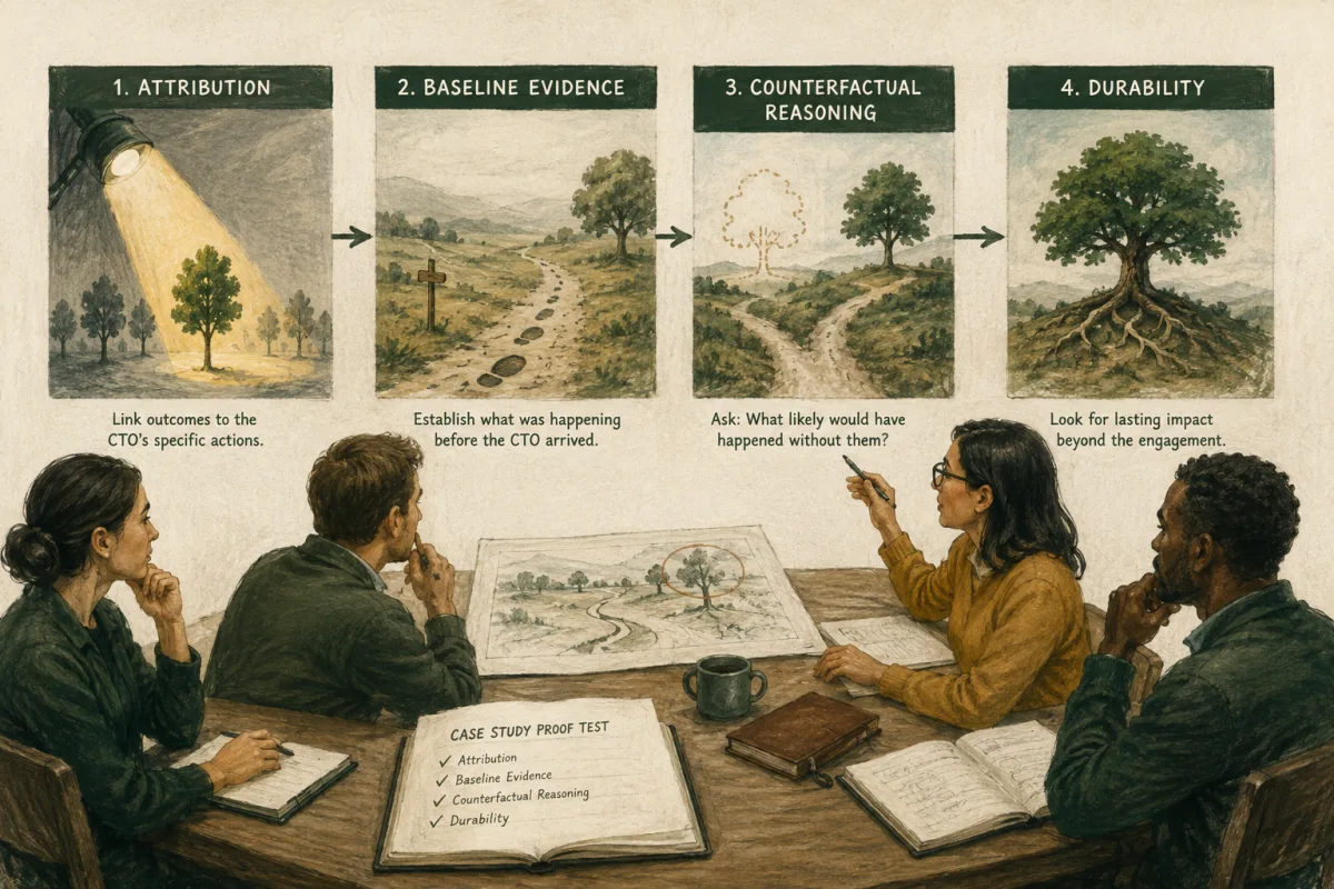 Four evidence checks connect attribution, baseline, counterfactual reasoning, and durability.