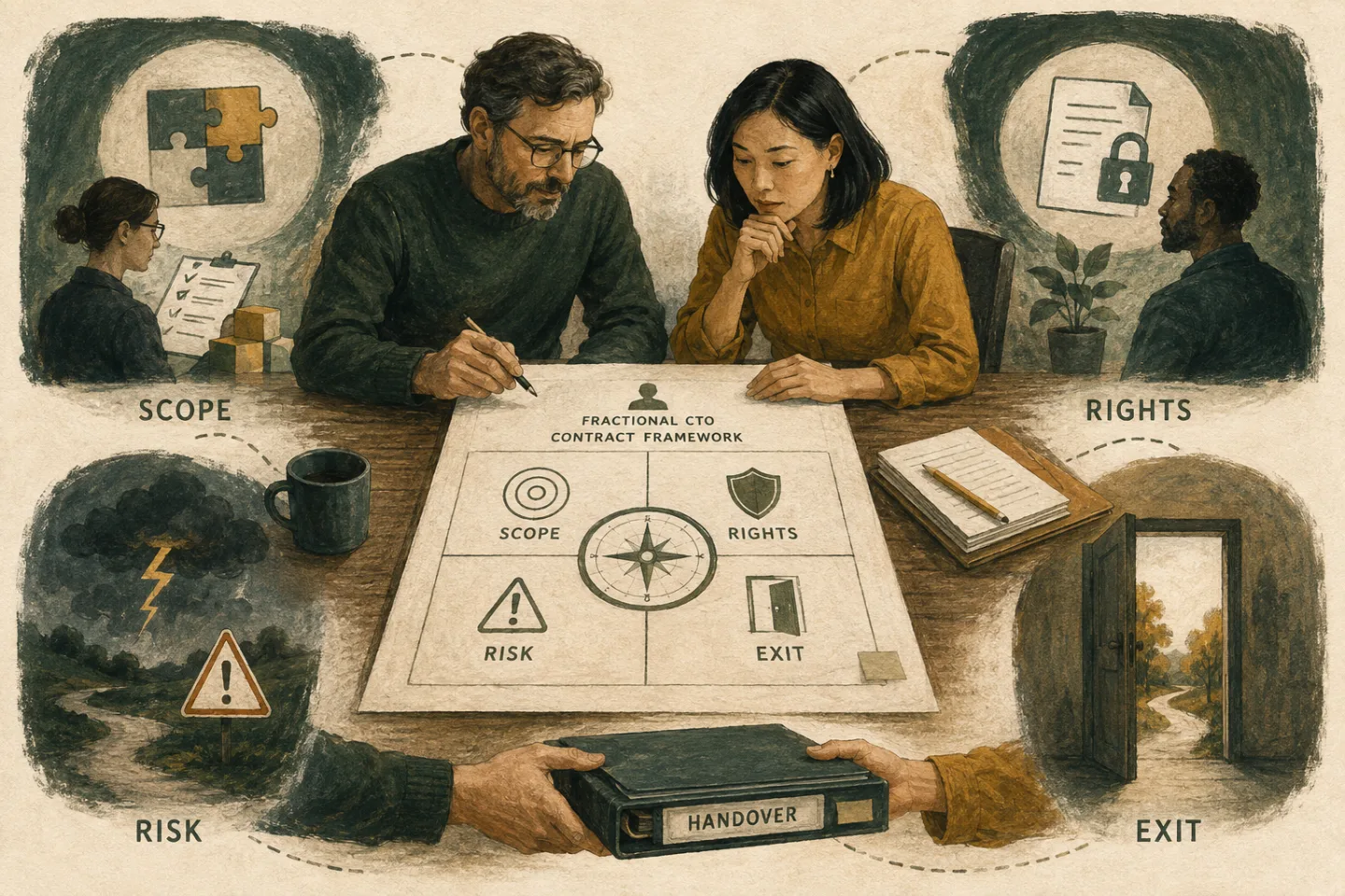 Two professionals review a contract framework surrounded by scope, rights, risk, and handover illustrations.