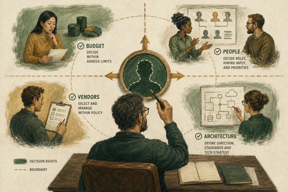 Budget, people, vendor, and architecture decisions arranged around a compass representing executive authority.
