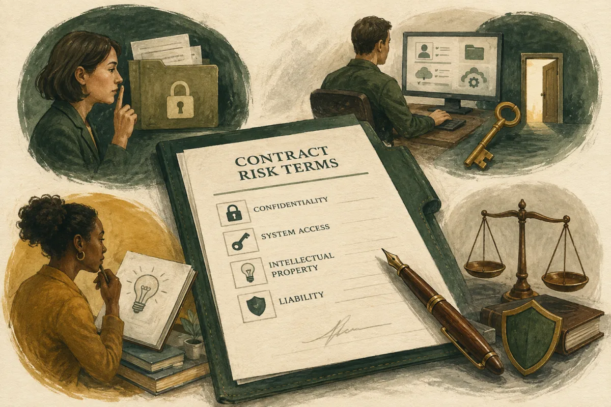 A contract checklist pairs confidentiality, system access, intellectual property, and liability with a lock, key, idea, and scales.