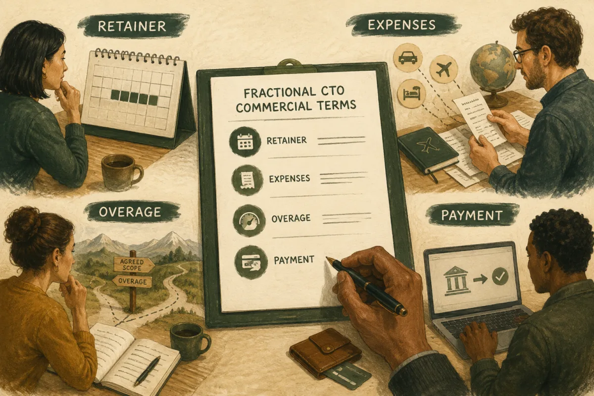 A commercial terms sheet connects a retainer calendar, travel expenses, overage choices, and payment.