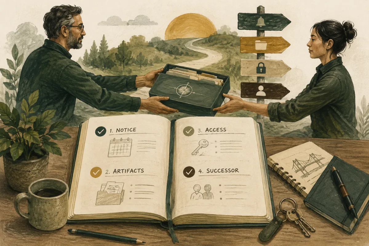 Two professionals transfer a document folder beside a checklist for notice, artifacts, access, and a successor.