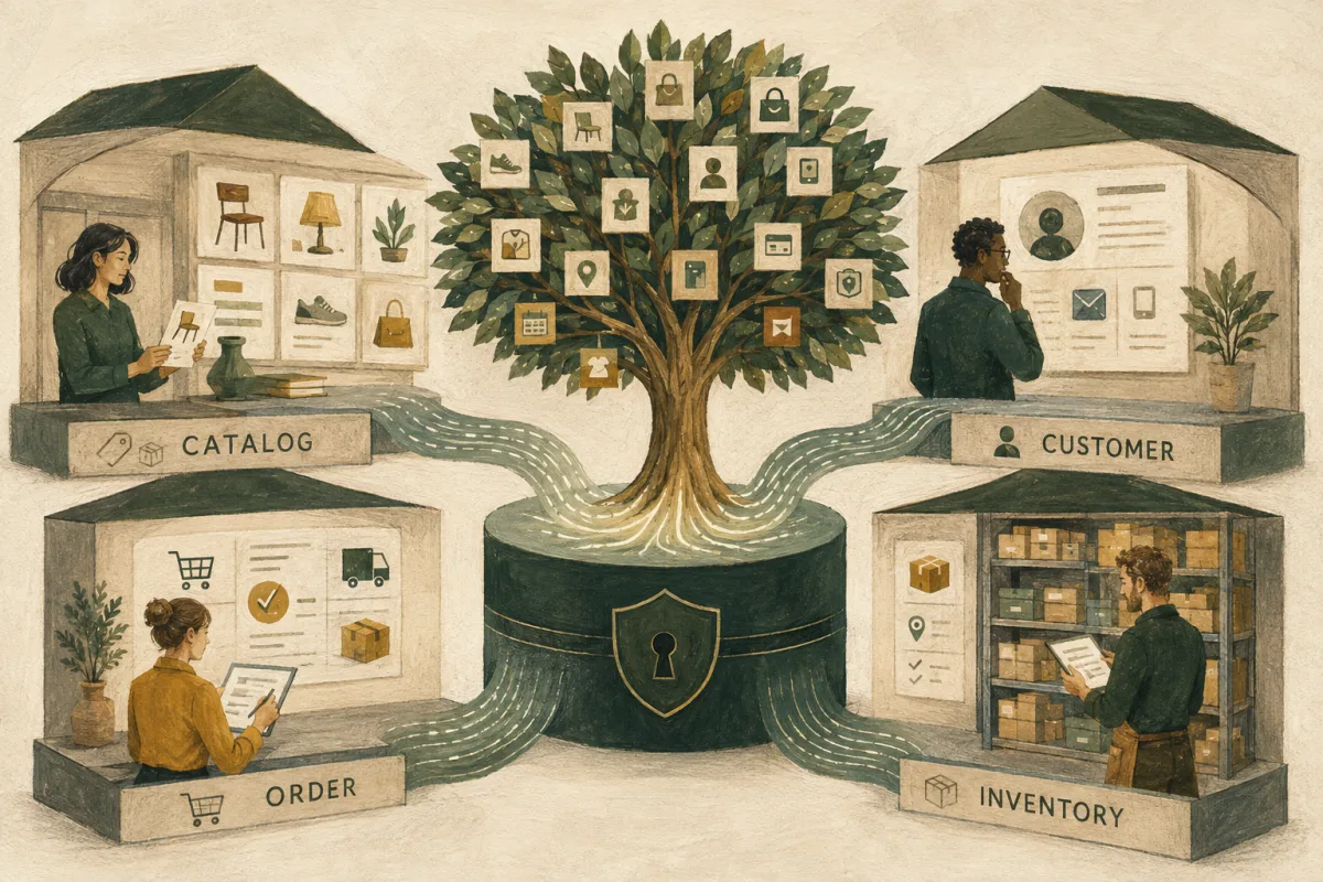 Commerce data ownership across catalog, customer, order, and inventory domains