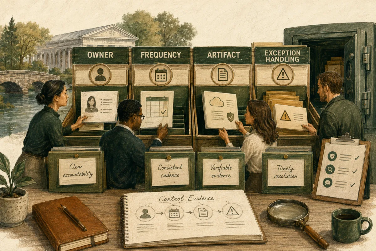 Fintech control evidence showing owner, frequency, artifact, and exception handling