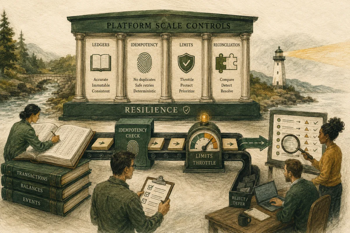 Fintech platform scale controls for ledgers, idempotency, limits, and reconciliation