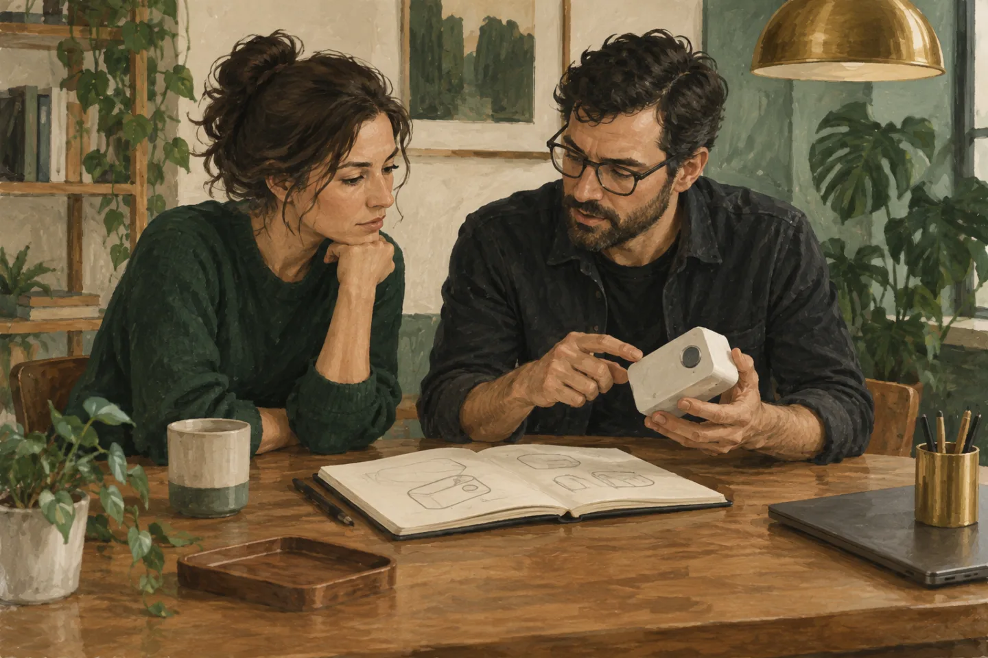 A startup founder and technical leader reviewing a small product prototype