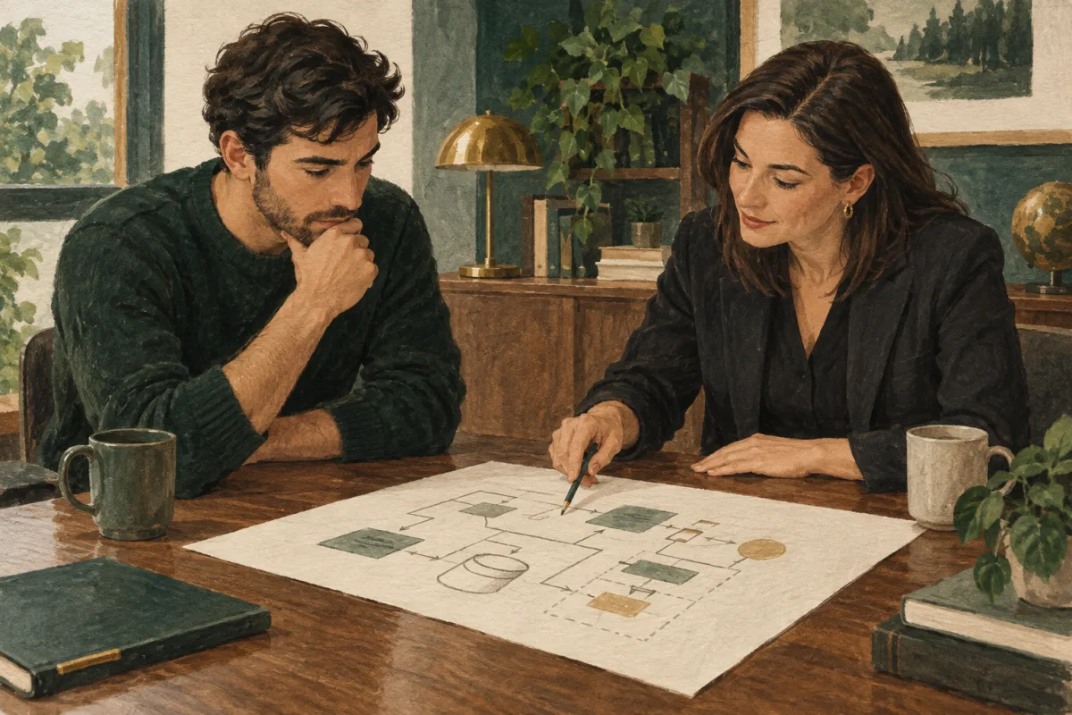 A technical leader reviewing evidence with a prospective engineer