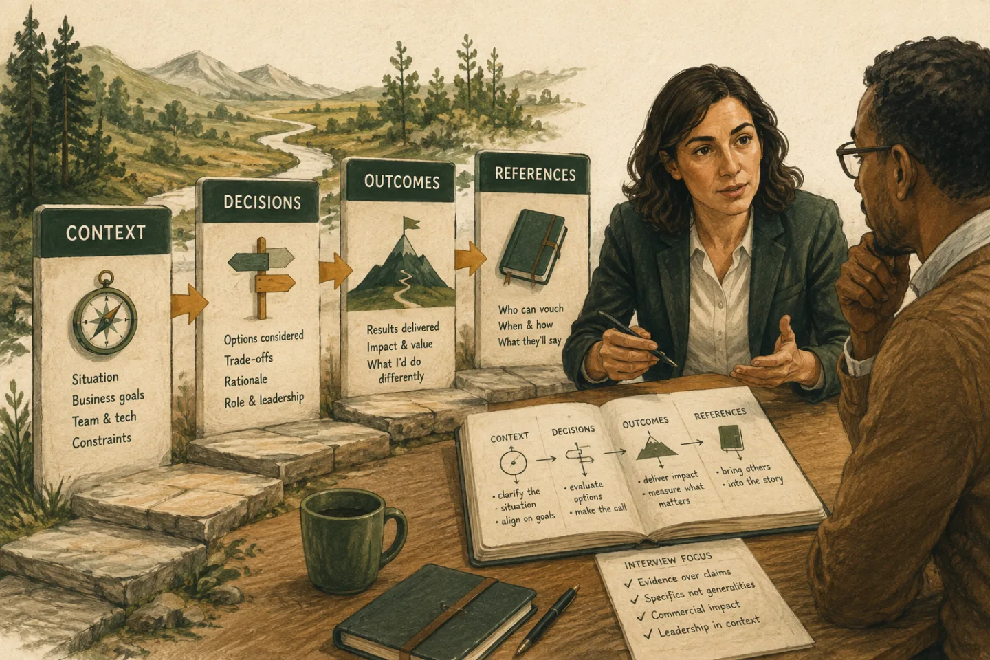 Candidate explains context, decisions, outcomes, and references during an executive interview.