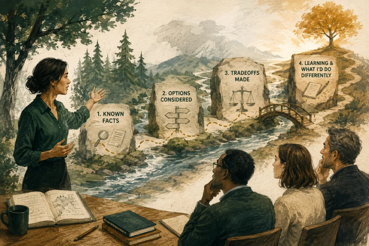A candidate walks interviewers through known facts, options, tradeoffs, and learning.