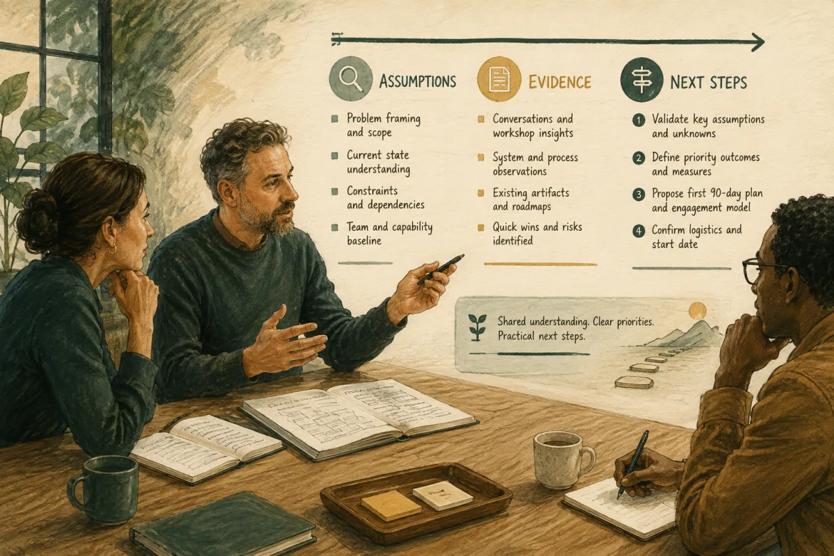 A follow-up discussion separates assumptions, evidence, and agreed next steps.