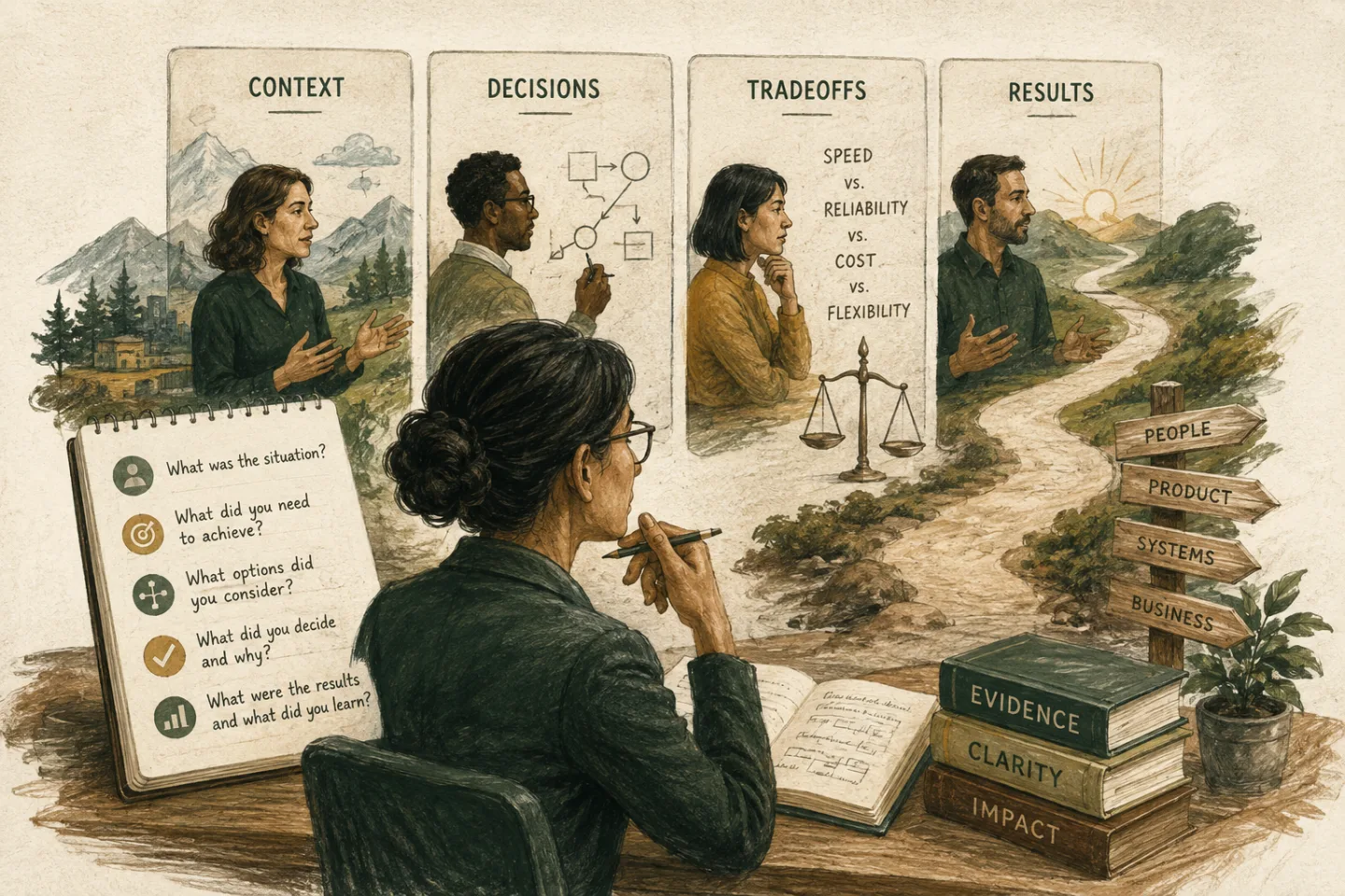 Interviewer examines a decision through context, tradeoffs, results, and supporting evidence.