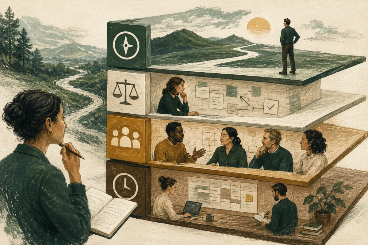 Four interview layers represent mandate, judgment, leadership, and working cadence.