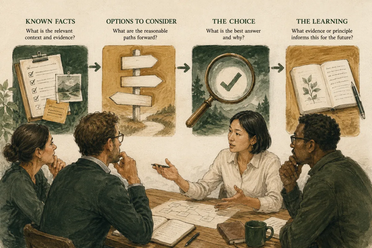 Candidate explains known facts, options, the choice, and subsequent learning.