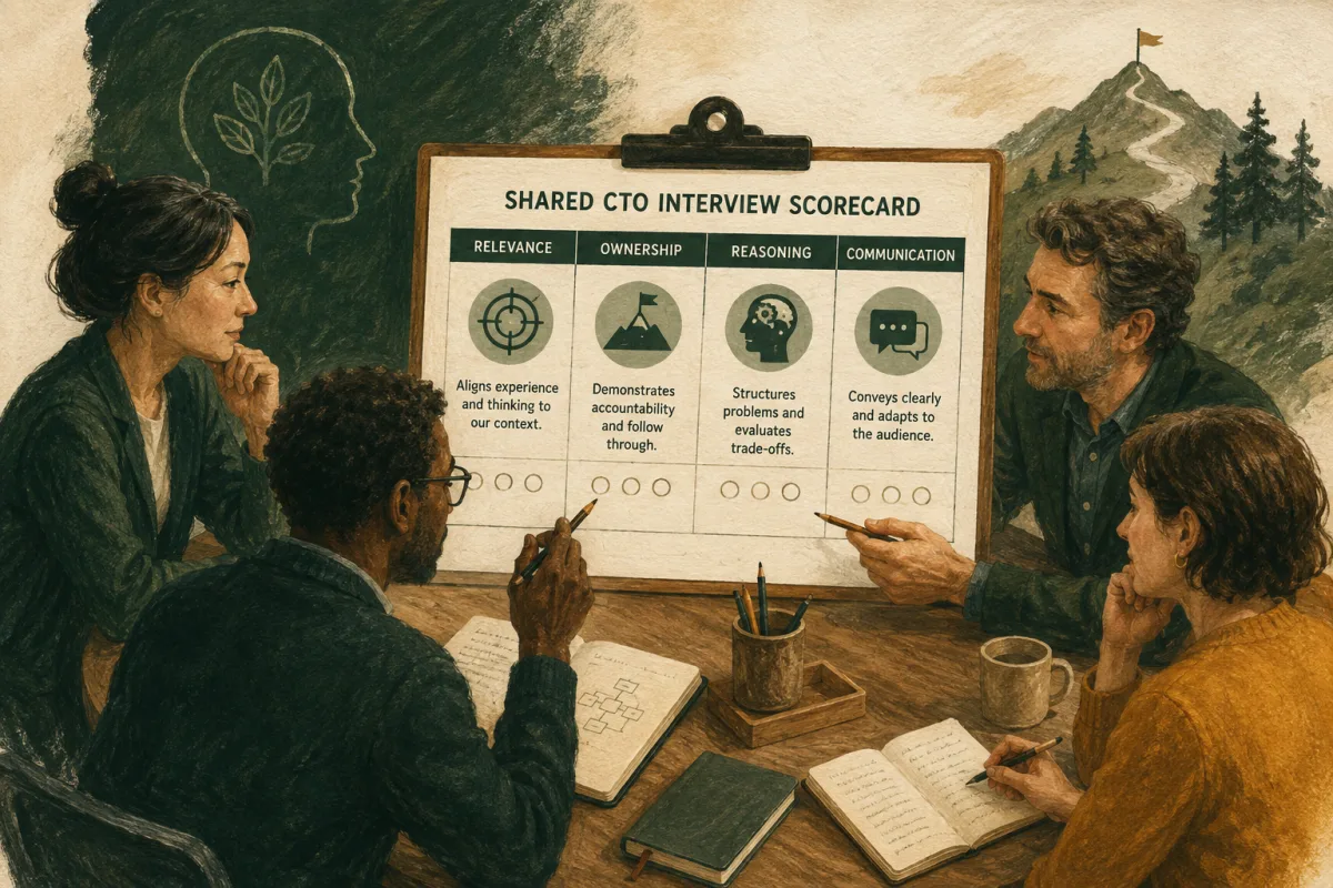 Interview panel reviews relevance, ownership, reasoning, and communication on a shared scorecard.