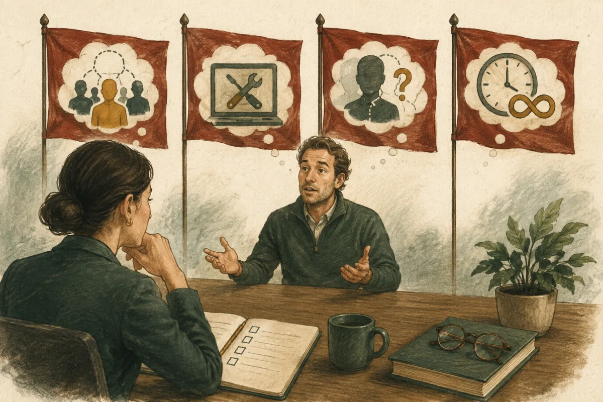 Four red flags symbolize vague attribution, tool-first answers, hidden failures, and unlimited availability.