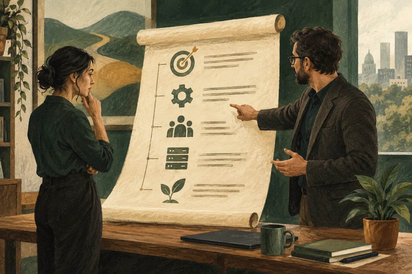 Two executives review a technology mandate covering outcomes, operations, people, infrastructure, and development.