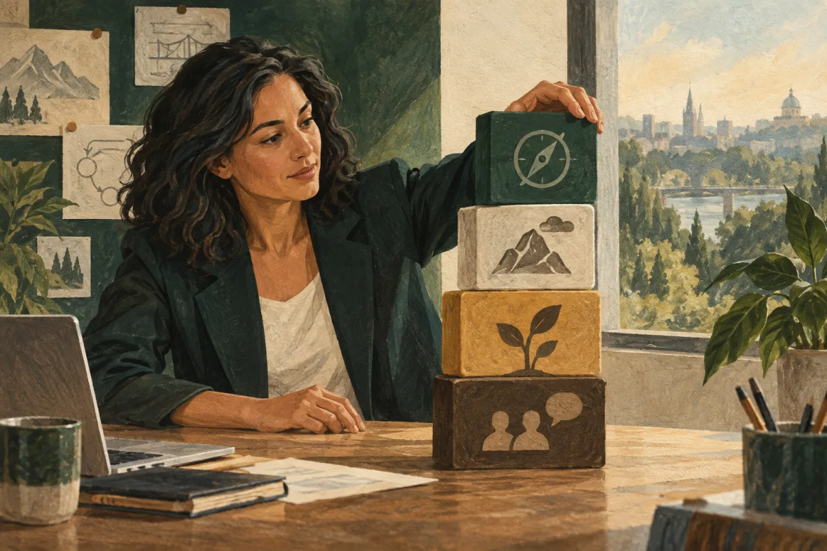 An executive assembles evidence blocks representing a decision, constraints, results, and a reference.
