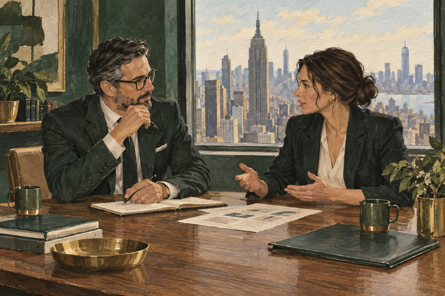 A founder and technology executive discussing a brief in a New York office illustration