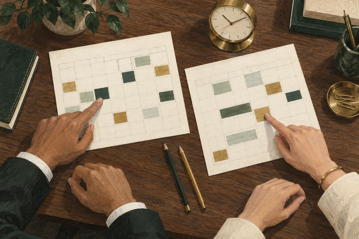 Two colleagues comparing regional meeting schedules on a desk calendar