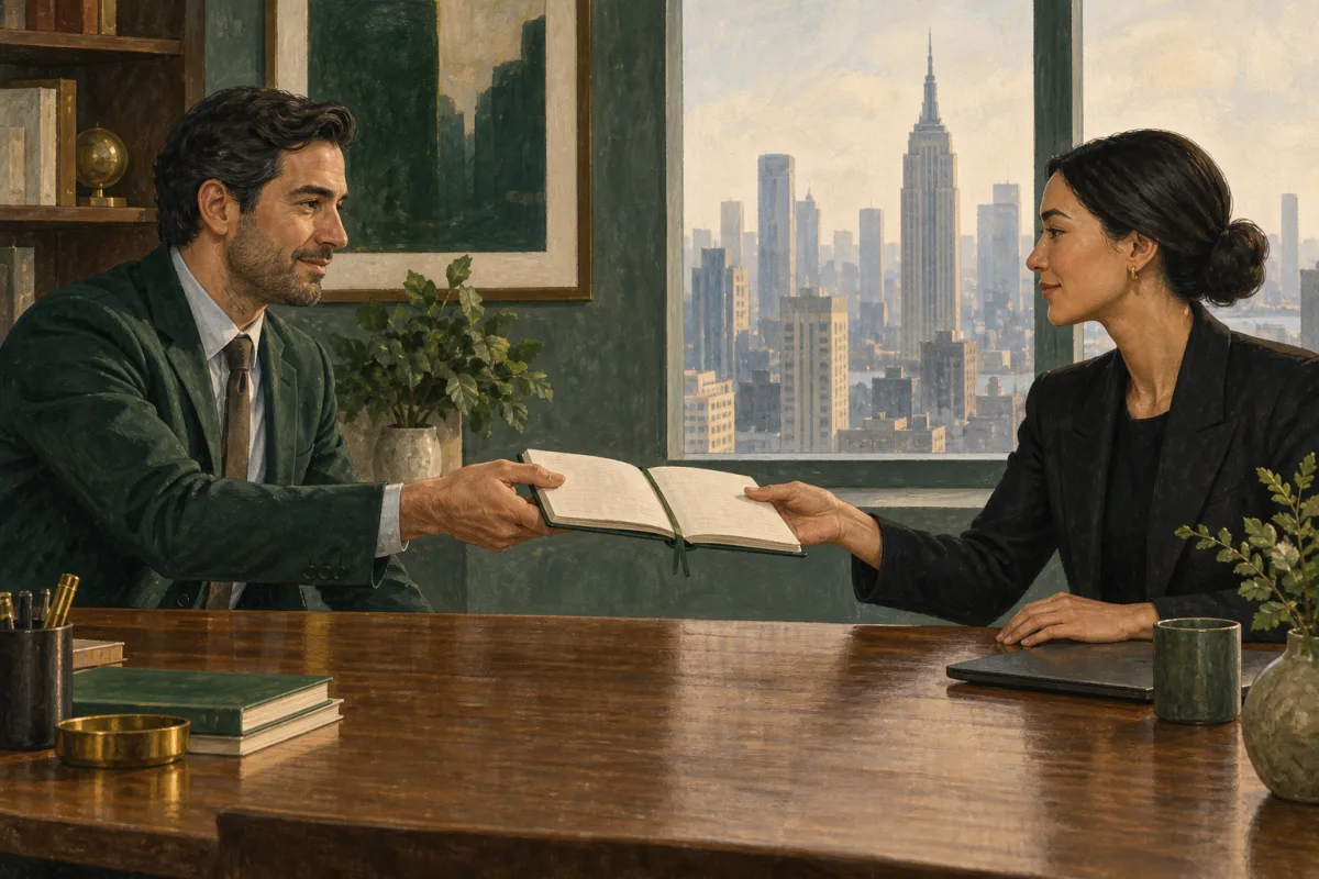 A technology leader handing an operating notebook to an internal owner