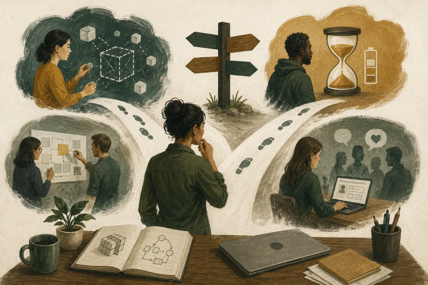 A founder considers product hypotheses, limited time, a small build, and customer evidence at a four-way decision point.