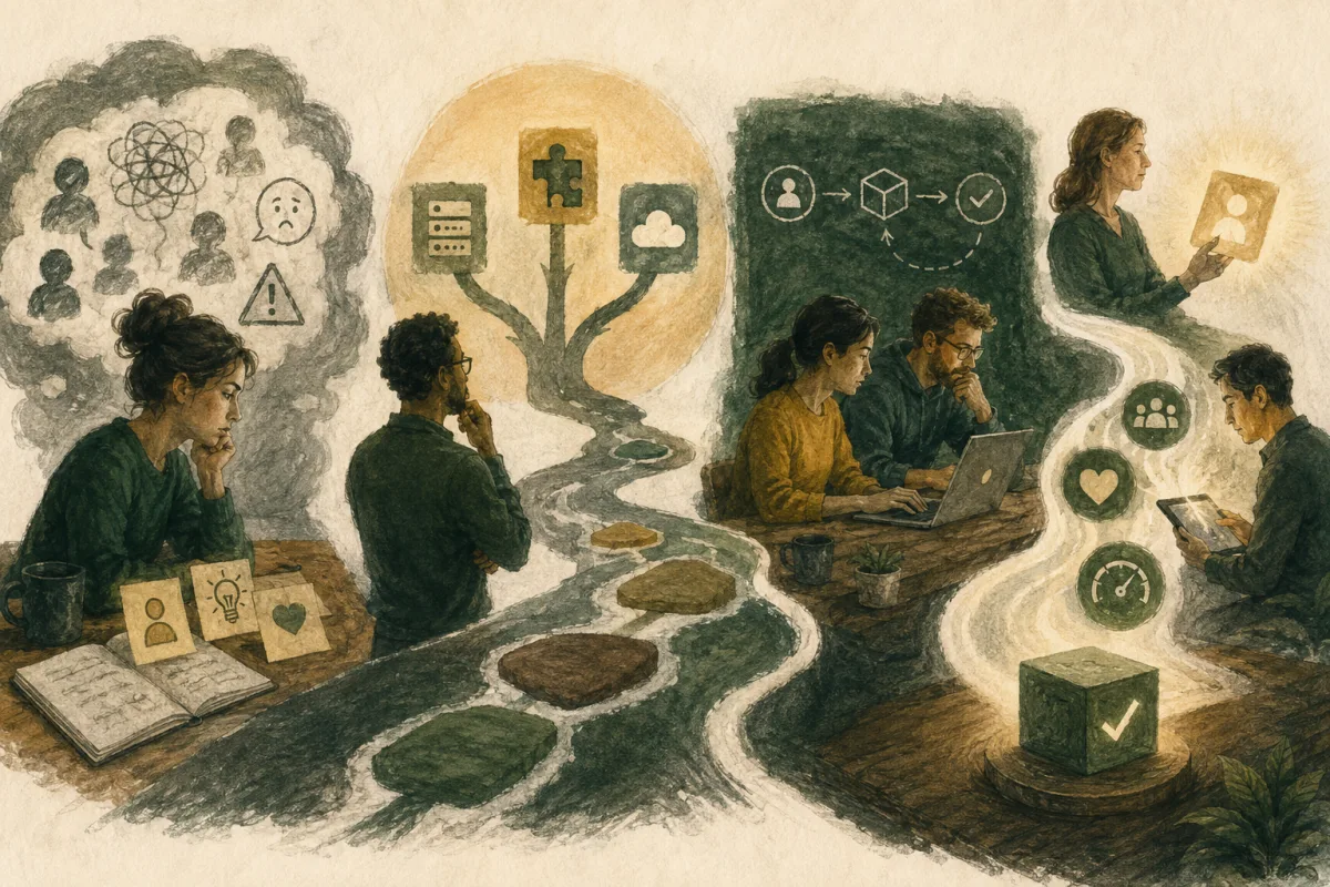 A team moves from a user problem through build choices to an observable software workflow and customer feedback.