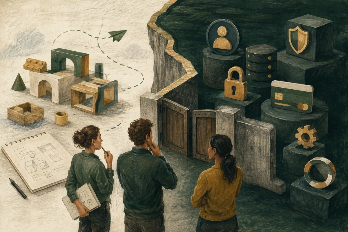 Reversible building blocks sit outside a protected boundary for identity, data, payments, security, and recovery.