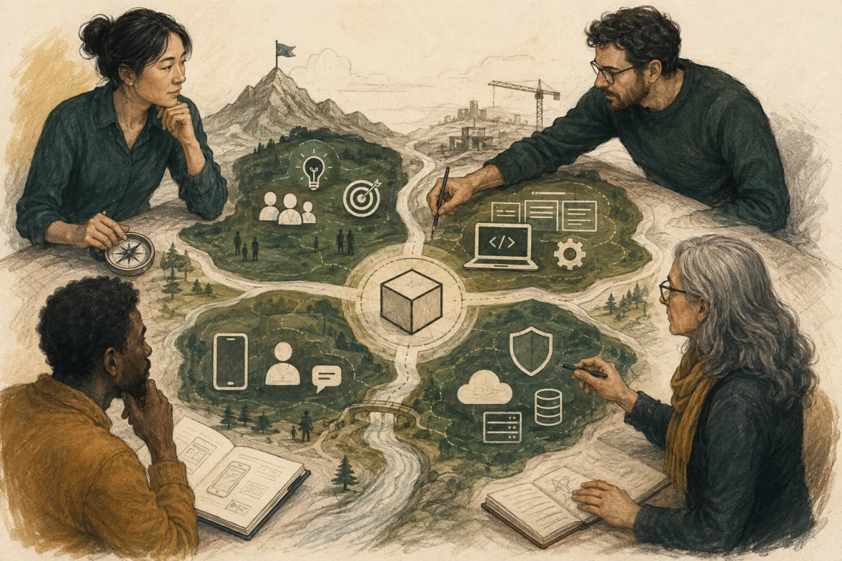 Four collaborators map founder, builder, technical leadership, and specialist responsibilities around a shared product.